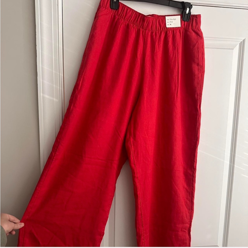Red Wide-Leg Linen Blend Pants